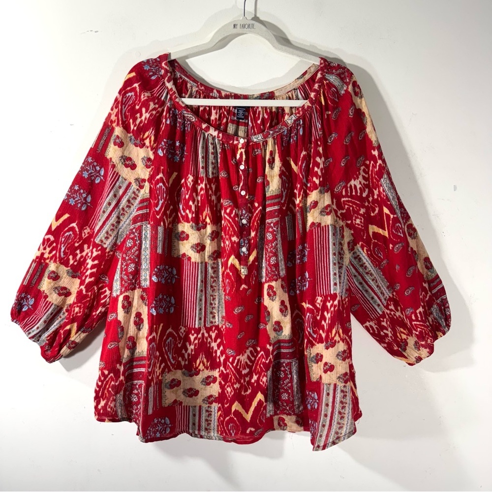 Chaps Red Patchwork Western Peasant Blouse - image 1